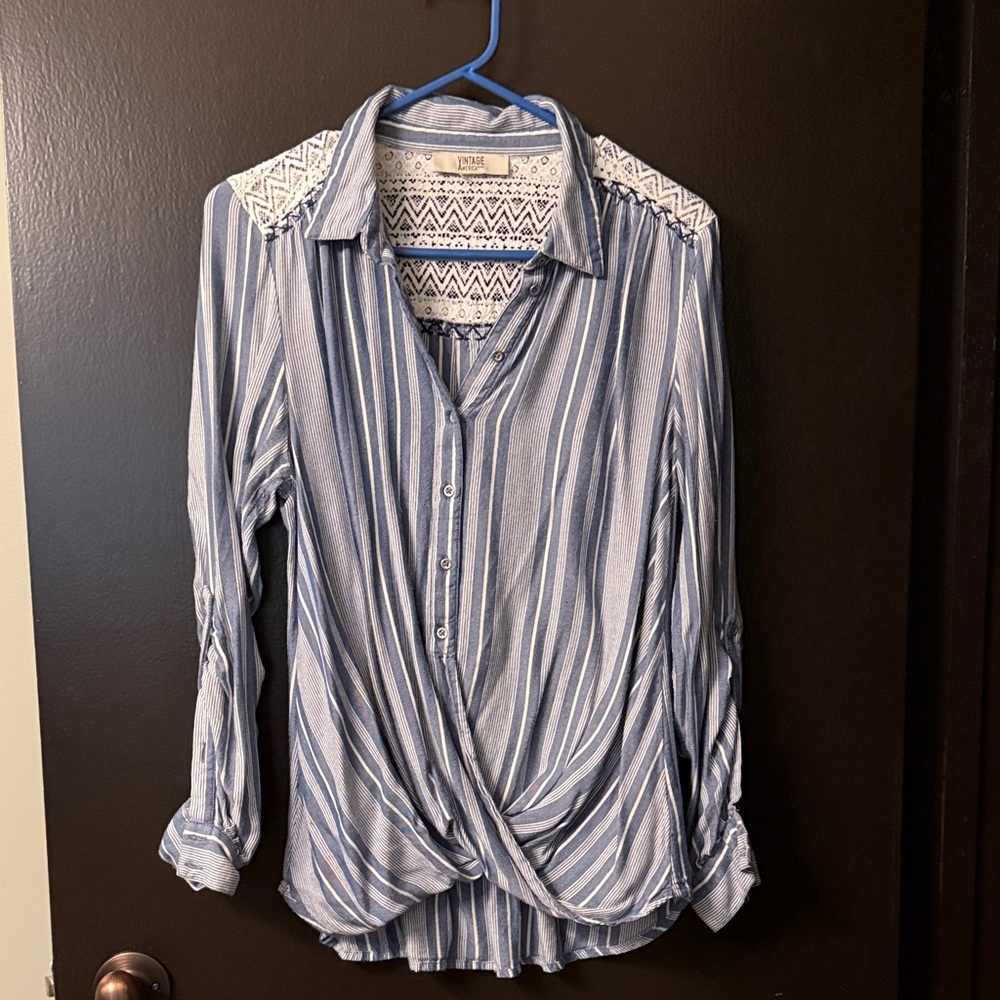 Vintage America Blue and White Striped Blouse with Lace Detail